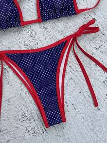Swim Mod Set Bikini Segitiga Halter Seksi Motif Bunga Hijau Terbaru untuk Wanita Musim Panas - Navy Blue - View 4
