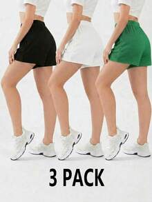 Set Of Three Ribbed Shorts High Shot Elastic Waist Basic Plain Casual Urban Shorts - negro blanco verde - View 3
