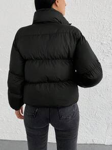 RueChic Slant Pockets Zip Up Puffer Coat - Black - View 4