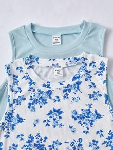 2pcs Girls Butterfly Pattern Dual-Tone Ribbed Bodycon Sleeveless Casual Street Style Dress Summer - Blue - View 4