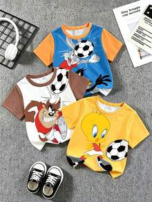 LOONEY TUNES X SHEIN GraphicGems 卡通足球 3 件組短袖 T 恤套裝，適用於小男孩 - 彩色 - 查看 3