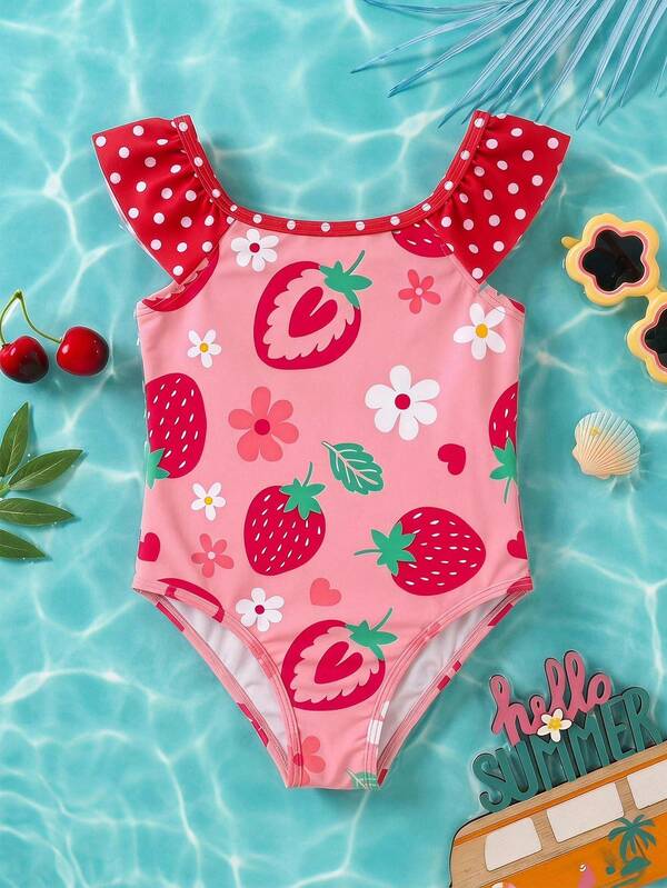SHEIN Young Girl Floral Strawberry Print Ruched One-Piece Swimsuit, Suitable For Beach Vacation, Pool Party, Beach Party
