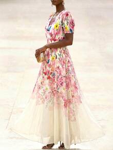 SHEIN Clasi Plus Size Ditsy Floral V-Neck Chiffon Dress, Summer - Multicolor - View 4