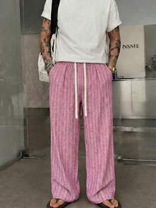 STEELVANCE Men's Drawstring Tie Striped Straight Leg Pants - Burgundy - View 3