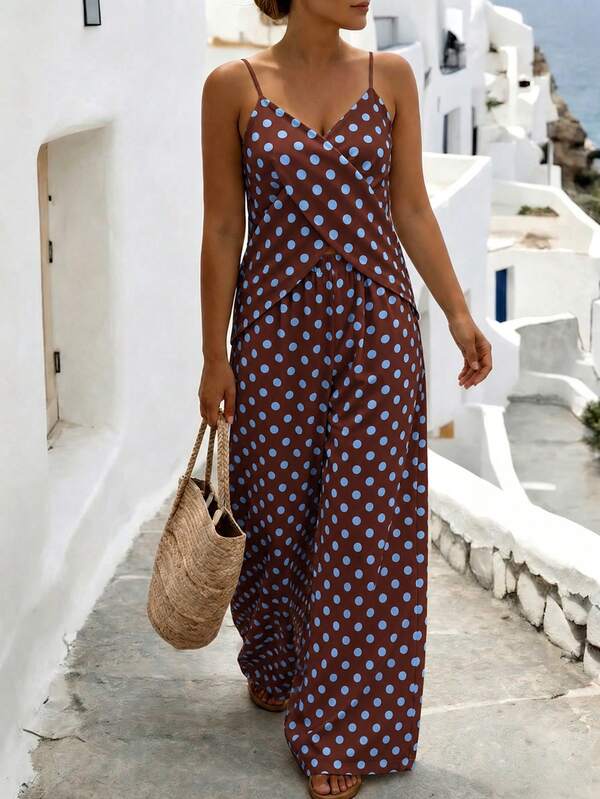 Linhara CURVE Women's Plus Size Multi-Color French Vintage Polka Dot Print Deep V-Neck Front Symmetrical Criss-Cross Design Backless Camisole & Polka Dot Print Loose Straight Leg Pants, Casual Daily Outing Commute Business Teacher Professional Fashion Elegant Sophisticated Romantic Date Beach Vacation Summer New Brown 2-Piece Set