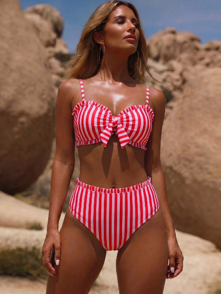 SHEIN Swim 春夏流行熱銷性感女款波點印花設計度假網紅風海灘比基尼套裝 - 紅色 - 查看 1