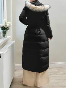 RueChic Slant Pocket Zip Fly Hooded Padded Coat - Black - View 3