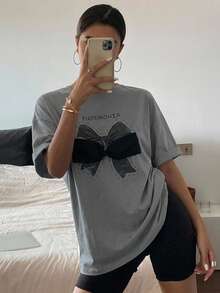 DAZY Women's Round Neck Short Sleeve T-Shirt With Bow Decoration Cute Tops,Graphic Tees - Grey - View 9