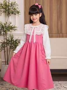 SHEIN 少女甜美法式蝴蝶結蕾絲拼接口袋洋裝 - 粉色 - 查看 5
