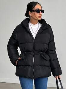 RueChic Padded Coat With Hood, Adjustable Waist, Two Side Pockets, Zipper - Black - View 3