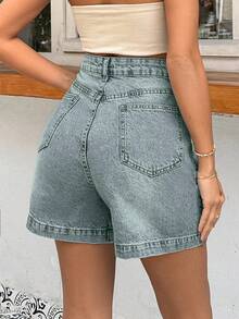 EURMUSE 100%Cotton HIGH WAIST PENS DETAILED STRAIGHT CUT SHORT - Light Wash - View 2