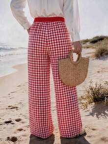 Vaclyn Women's Casual Vacation Style Wide Leg Long Pants - Red - View 2
