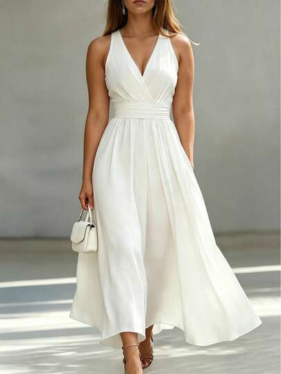 Velvienne White Sleeveless V-Neck Cinched Waist Midi Dress, High Waist A-Line Flared Silhouette, Flattering Fit, Minimalist Elegant Style, Clean Design With Sophisticated Evening Dress Feel, Plus Size