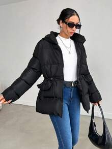 RueChic Padded Coat With Hood, Adjustable Waist, Two Side Pockets, Zipper - Black - View 5