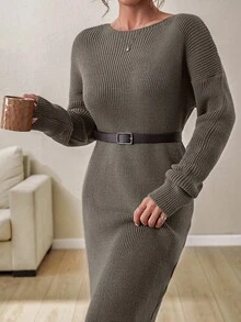 EURMUSE Boat Neck Ribbed Knit Midi Dress – Earthy Brown | Oversized Fit With Textured Stitch - Mocha Brown - View 7