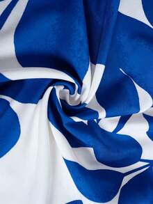 SHEIN Clasi 大尺碼女款優雅酒紅葉片圖案荷葉邊短袖修身喇叭裙，春夏浪漫洋裝，陽光裙，婚禮賓客禮服 - 藍色 - 查看 8