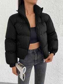 RueChic Slant Pockets Zip Up Puffer Coat - Black - View 3