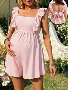 SHEIN 女款條紋孕婦連身褲，夏季時尚休閒粉紅色 - 粉色 - 查看 3