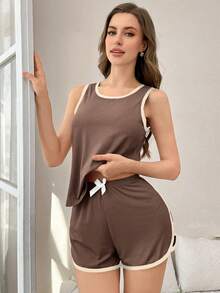 Softscene 女款對比滾邊休閒背心與短褲家居服套裝 - 巧克力棕 - 查看 4