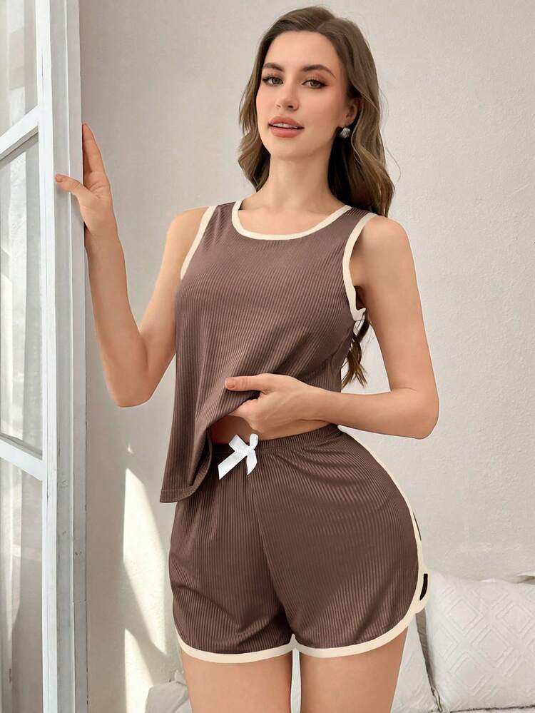 Softscene Women's Contrast Trim Casual Tank Top & Shorts Loungewear Set - Chocolate Brown - View 4