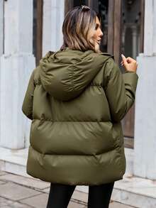 RueChic Women's Gray Hooded Padded Jacket - Army Green - View 2