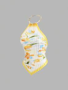 Sweetra Canotta sexy da donna con stampa floreale, perline fatte a mano, collo all'americana, schiena scoperta e arricciatura, nuova moda - Giallo chiaro - Visualizzare 3