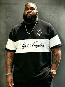 KRYTIVO Plus Size Men's Colorblock Crew Neck Letter Graphic Short Sleeve Fashion Versatile T-Shirt - Black - View 3