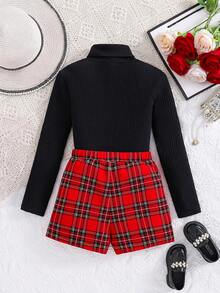 SHEIN Tween Girl Autumn/Winter Cute Knit Red Checked Long Sleeve Top Elastic Waist Plaid Shorts Set, Casual Elegant Outfit Back-To-School School - Red - View 2