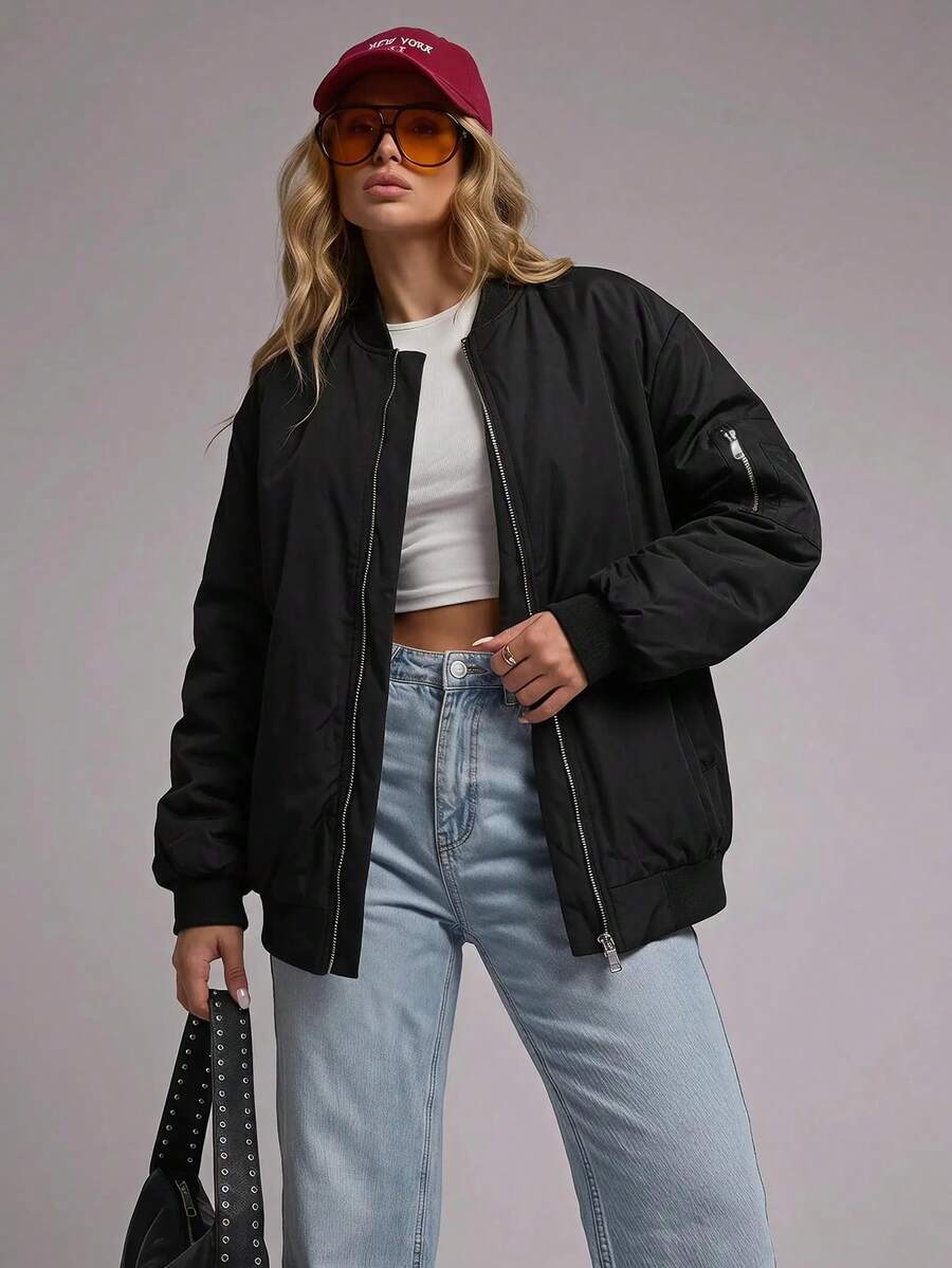 SHEIN Cottnline Zip Up Bomber Jacket For Autumn & Winter - Black - View 1