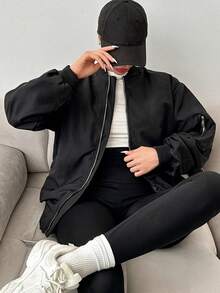SHEIN Cottnline Zip Up Bomber Jacket For Autumn & Winter - Black - View 5