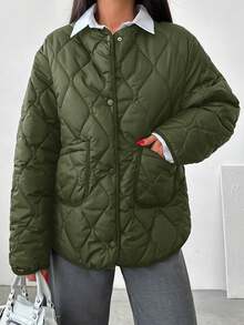 SHEIN Abrigo Acolchado Con Hombros Caídos Y Doble Bolsillo - Verde militar - Ver 5