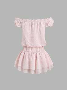 Sweetra Summer Fashion Sweet Pink Off-Shoulder Short Sleeve Double Layer Hem Gentle Style Women's Short Dress Suitable For Date And Casual Vacation - Pink - View 2