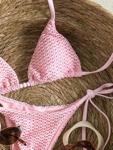 Swim Mod Women's Spring/Summer Textured Fabric Halter Neck Beaded Bikini Set - Pink - View 4