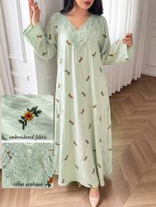 Yasmyna 小V領花卉刺繡對比蕾絲綠色洋裝 - 綠色 - 查看 5