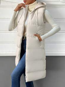 RueChic Zip Up Drawstring Hooded Puffer Vest Coat - Beige - View 2