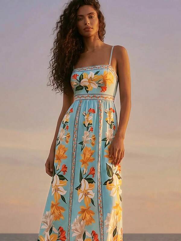CAJUNI Tropical Vacation Delicate Blue Long Dress