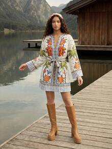 CAJUNI Vestido mini casual de vacaciones con estampado floral & de árbol de coco para mujer - Multicolor - Ver 4