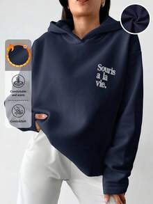 RueChic 100% Baumwolle Damen Hoodie mit Buchstaben-Muster - marineblau - Übersicht 2