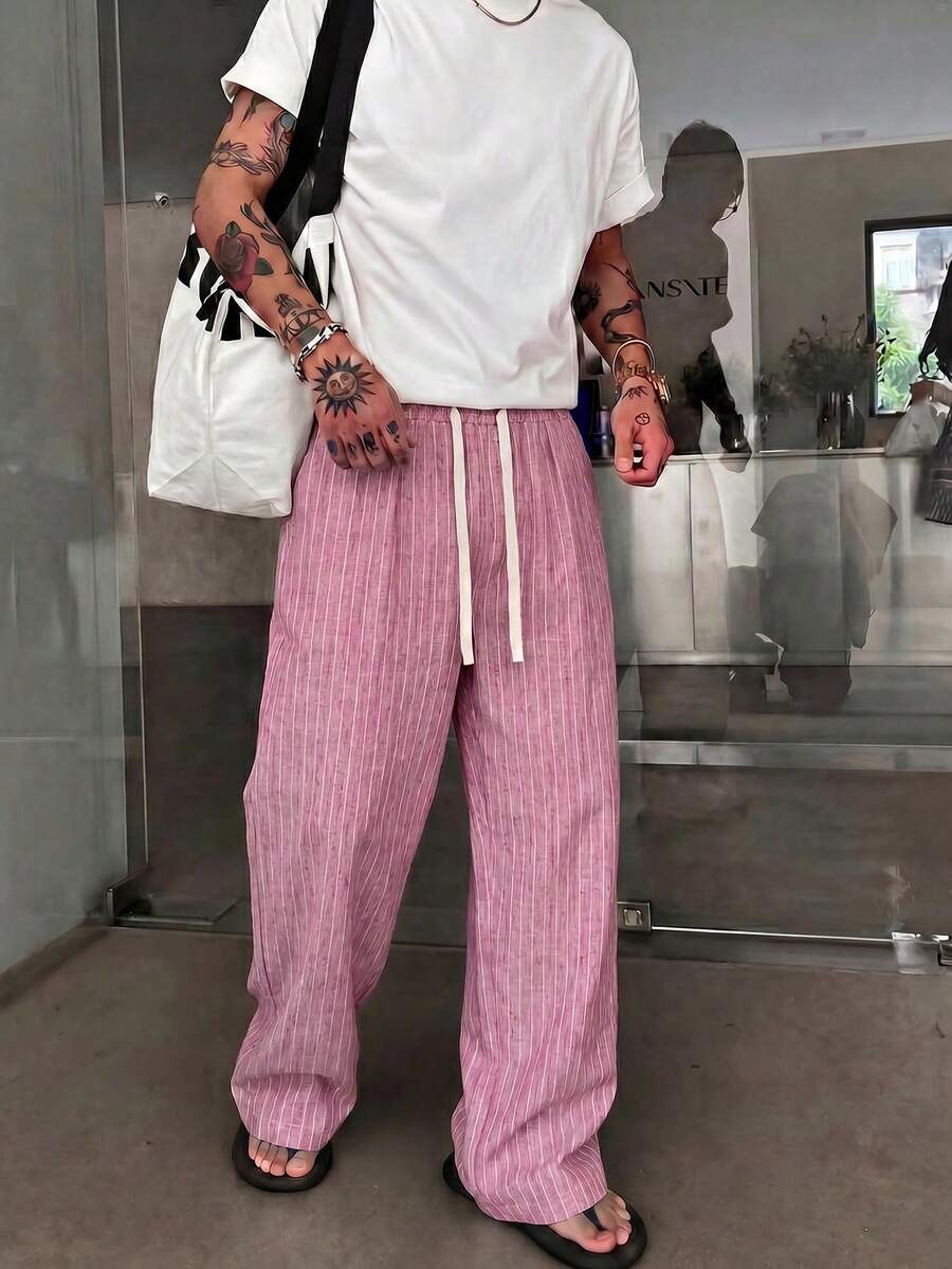 STEELVANCE Men's Drawstring Tie Striped Straight Leg Pants - Burgundy - View 1
