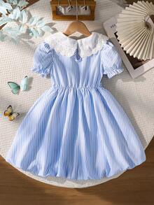 SHEIN 1 pieza Vestido ajustado de verano nuevo casual y lindo para niñas, con rayas tejidas, bordado personalizado, cuello y mangas abullonadas, para uso diario, salidas, reuniones elegantes y fiestas - Celeste - Ver 2