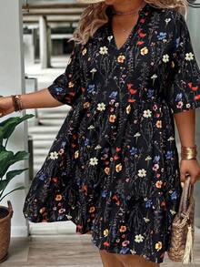 Breezaya Plus Size Women Summer Branch Floral V-Neck Ruffle Hem Loose Dress - Black - View 4