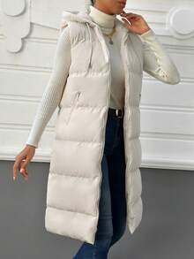 RueChic Zip Up Drawstring Hooded Puffer Vest Coat - Beige - View 5