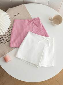 SHEIN 女童編織純色條紋修身休閒短褲 2件/套 - 紅白色 - 查看 3