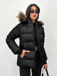 RueChic Fuzzy Trim Hooded Padded Coat - Black - View 5