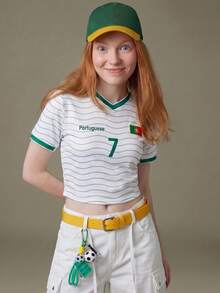 Elnivra 2026 Fußball-Weltmeisterschaft Portugal Fußballtrikot Stil Damen Crop Top Grün und Weiß gestreiftes Muster T-Shirt Sommer Streetwear Lässig Schule - Weiss - Übersicht 3