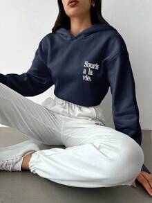 RueChic 100% Baumwolle Damen Hoodie mit Buchstaben-Muster - marineblau - Übersicht 7