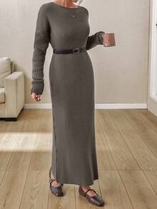 EURMUSE Boat Neck Ribbed Knit Midi Dress – Earthy Brown | Oversized Fit With Textured Stitch - Mocha Brown - View 6