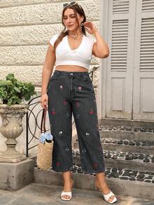 Breezaya Plus Size Women's Casual Non-Stretch Embroidered Cropped Jeans - Grey - View 6