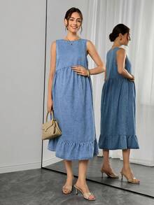 Momance Vestido de maternidad plisado casual diario de mezclilla - Azul lavado medio - Ver 1
