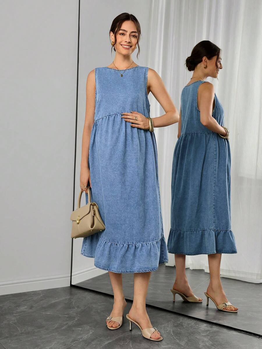 Momance Vestido de maternidad plisado casual diario de mezclilla - Azul lavado medio - Ver 1